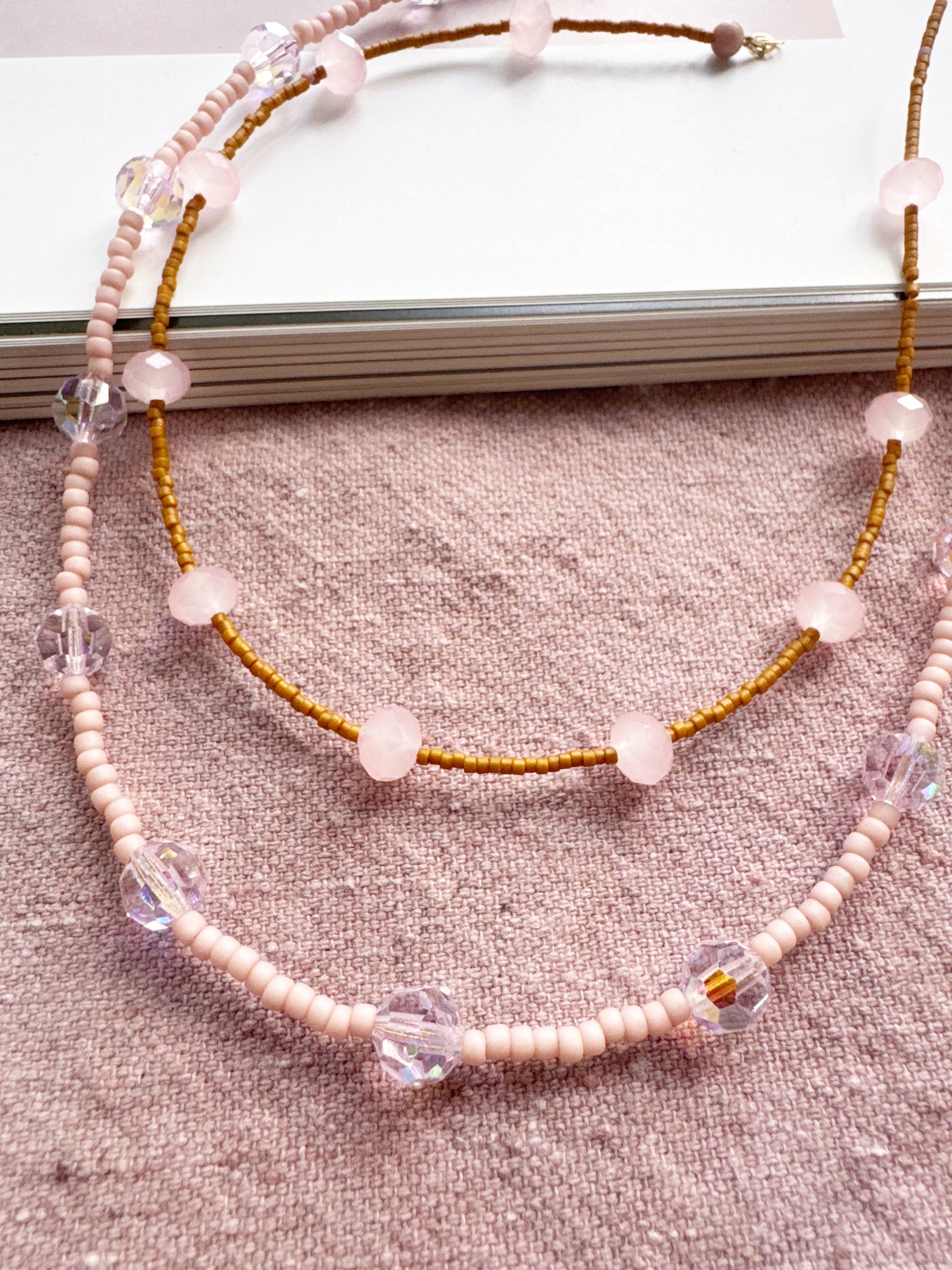 Tan and Light Pink Crystal Necklace