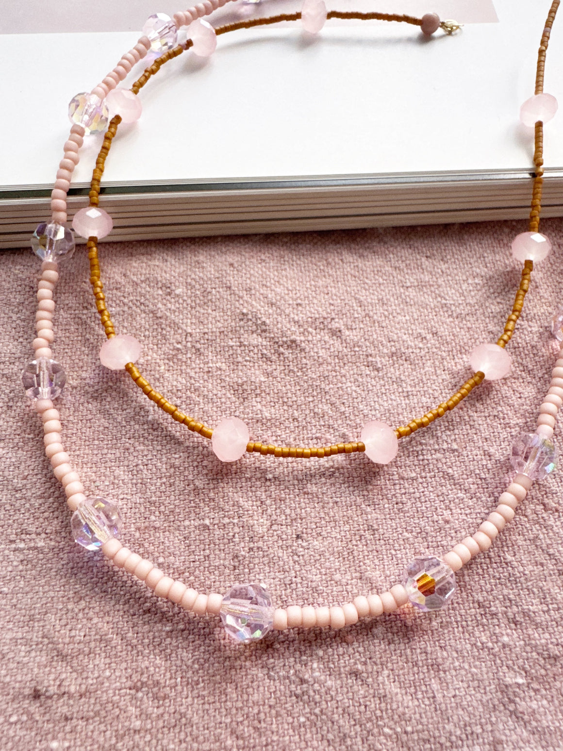 Tan and Light Pink Crystal Necklace
